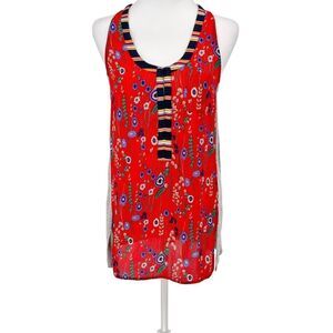 Tiny by Anthropologie XS Tank Top Red Floral Mixed Media Stripe Boho Sleeveless